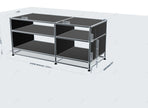 Black metal shelving unit with dimensions on a white background
