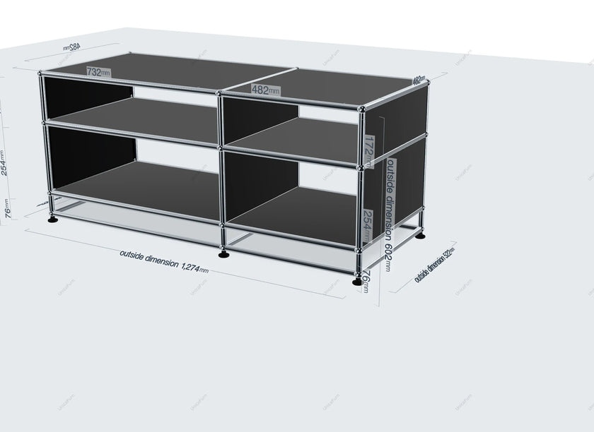 Black metal shelving unit with dimensions on a white background