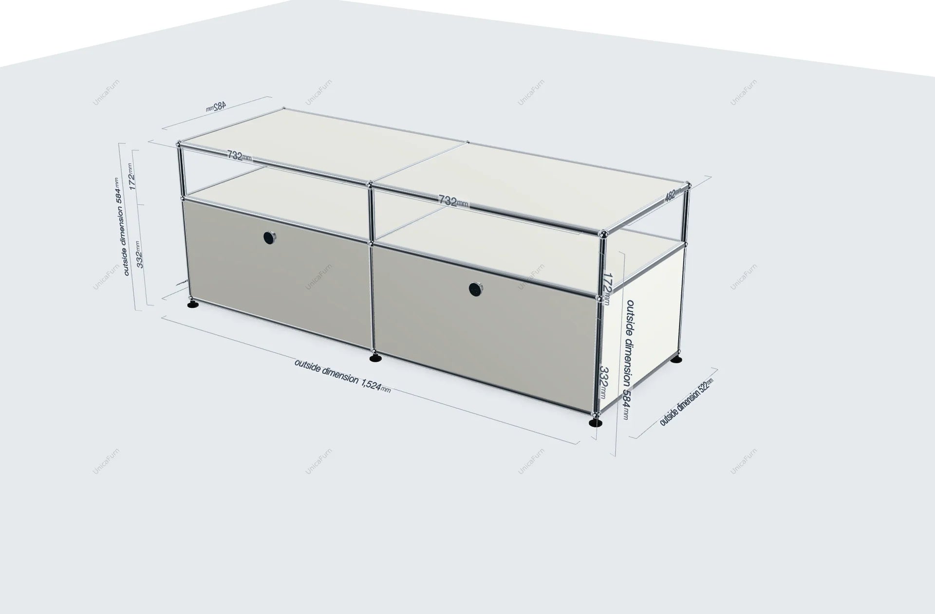 3D model of a dresser with dimensions on a white background