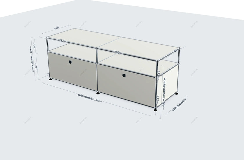 3D model of a dresser with dimensions on a white background