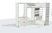 White office partition system with shelves and cabinets on a white background