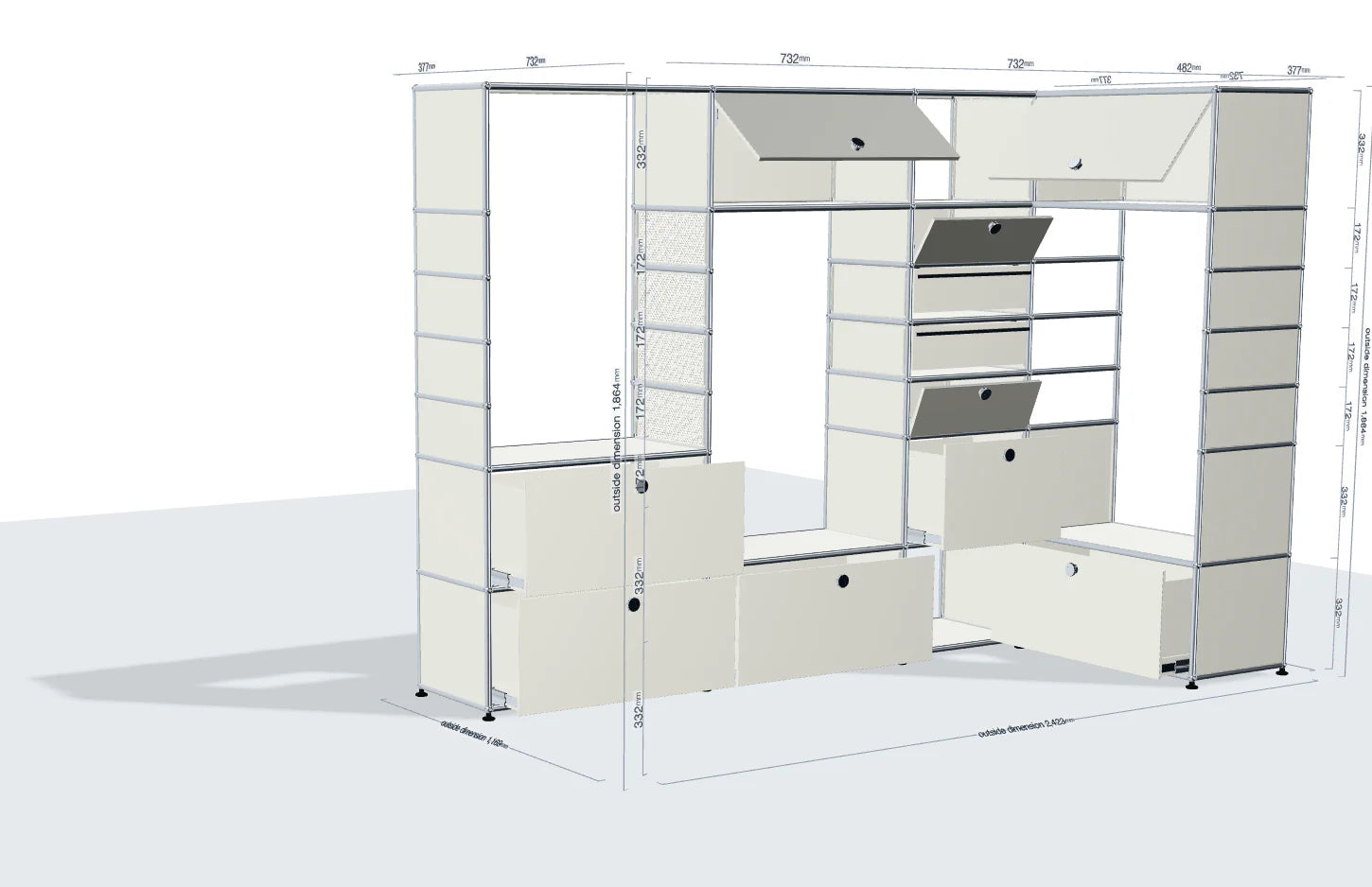 White office partition system with shelves and cabinets on a white background