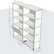 White modular shelving unit with dimensions on a white background