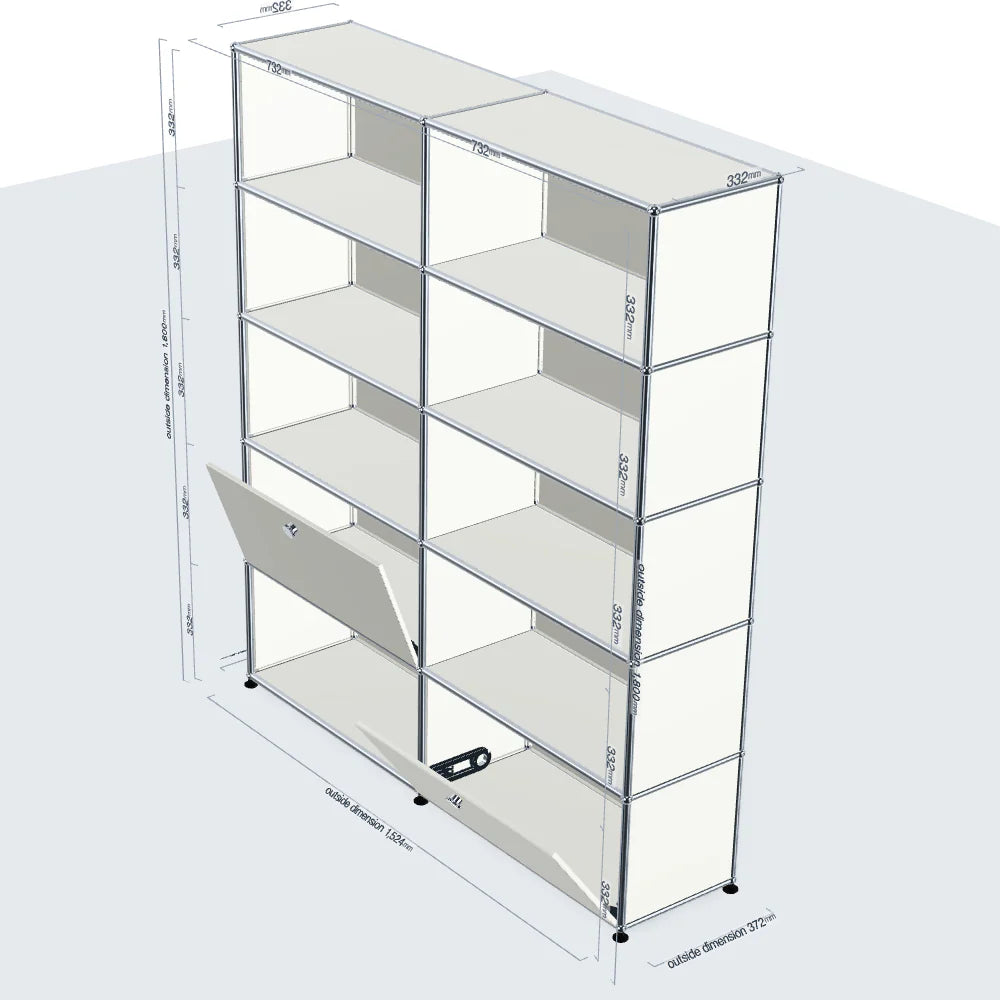 White modular shelving unit with dimensions on a white background