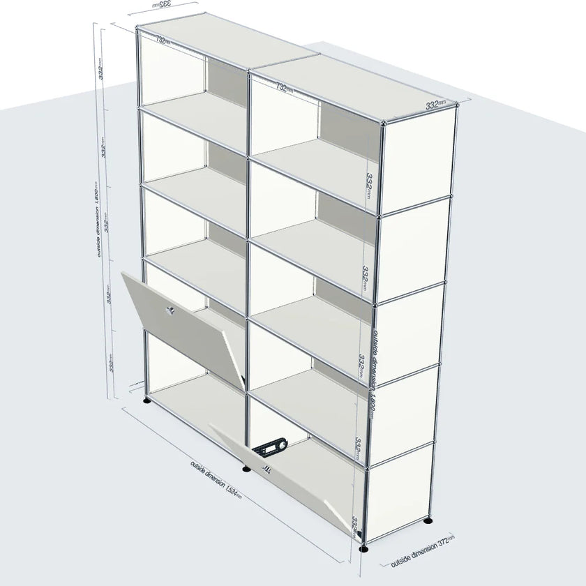 White modular shelving unit with dimensions on a white background