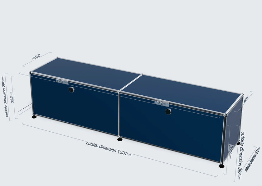 Blue modular storage unit with dimensions on a white background