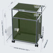 A green modular perforated metal utility cart with a silver aluminum frame and black caster wheels, shown with dimension annotations on a light gray background.