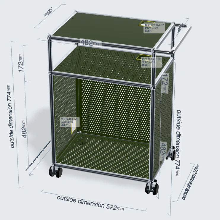 A green modular perforated metal utility cart with a silver aluminum frame and black caster wheels, shown with dimension annotations on a light gray background.