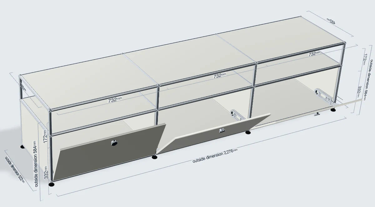 A 3D isometric rendering of a modern glass display modular cabinet with dimension labels overlaid on the image.