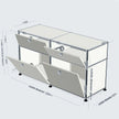 A modular storage cabinet system with dimensions labeled, showing a white and silver metal frame with drawers and open storage compartments on a light gray background.