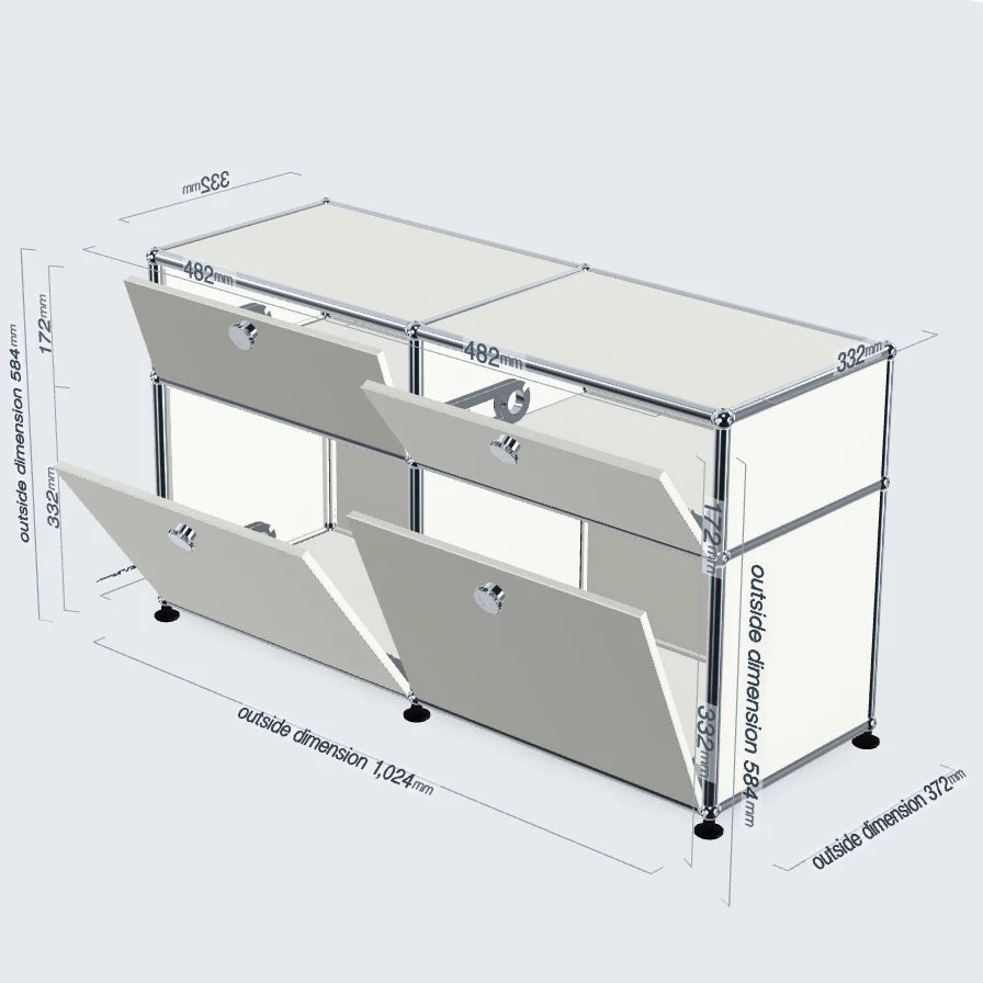 A modular storage cabinet system with dimensions labeled, showing a white and silver metal frame with drawers and open storage compartments on a light gray background.