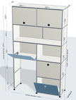 A modular storage cabinet system with multiple drawers and open shelves, shown with dimension annotations around the product on a light gray background.