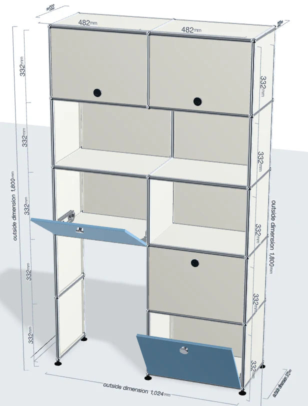A modular storage cabinet system with multiple drawers and open shelves, shown with dimension annotations around the product on a light gray background.