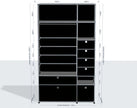 A tall black modular storage cabinet or wardrobe with multiple shelves and drawers, shown with dimension annotations on a light gray background.