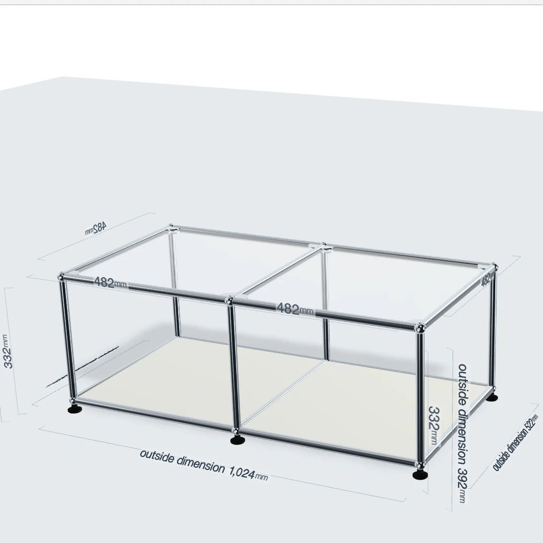 Glass modular display case with metal frame and dimensions on a white background