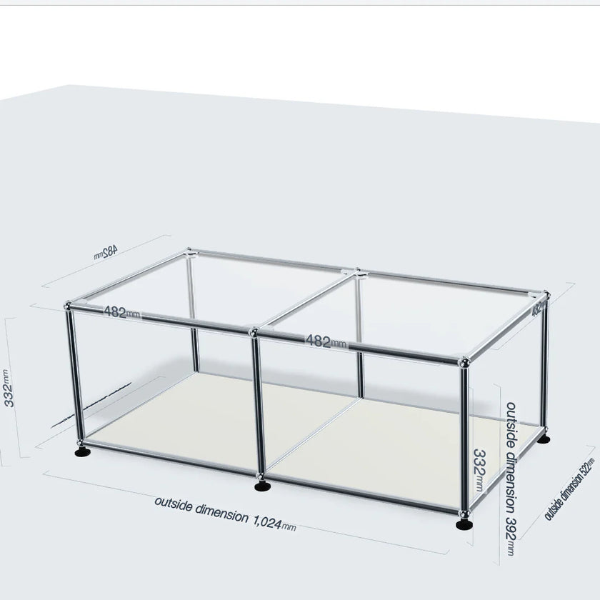 Glass modular display case with metal frame and dimensions on a white background
