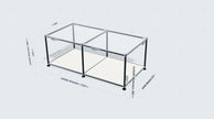 Glass display case with dimensions on a white background