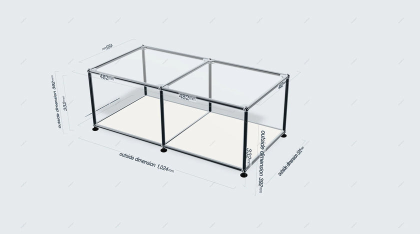 Glass display case with dimensions on a white background