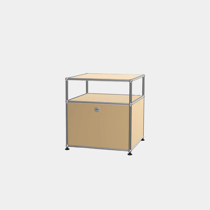 Beige storage unit with metal frame on a light gray background