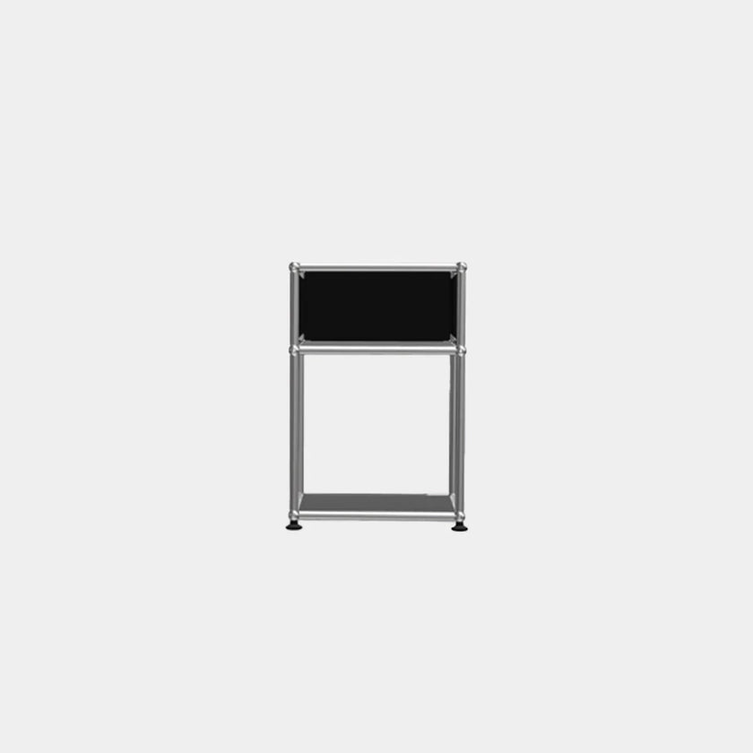 Small black table with metal frame on a white background