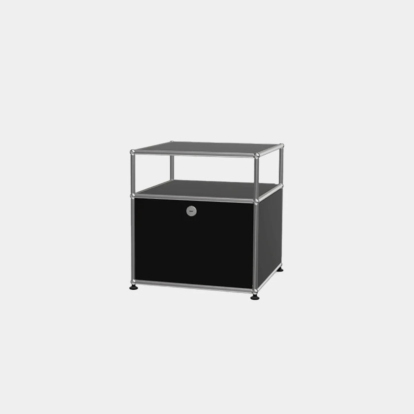Black storage unit with glass top on a white background