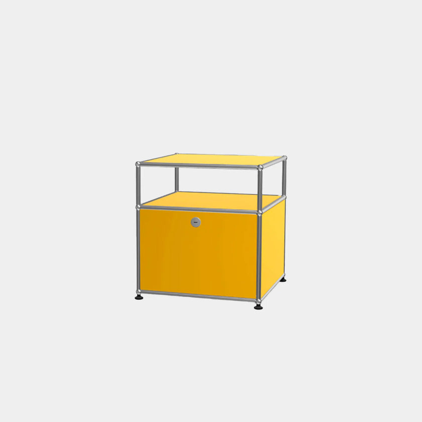 Yellow cube-shaped storage unit with metal frame on a white background