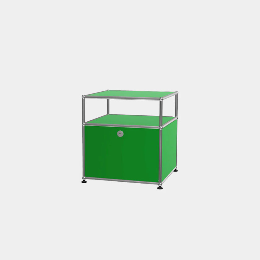 Green storage unit with metal frame on a white background