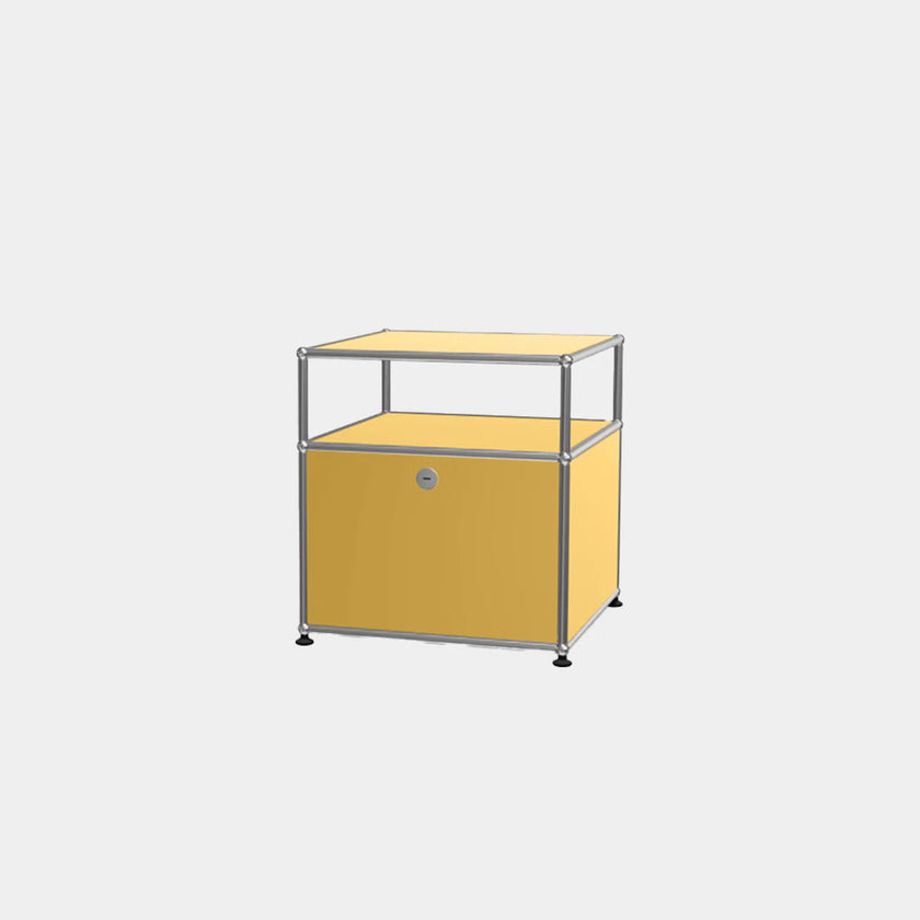 Yellow storage unit with metal frame on a light gray background