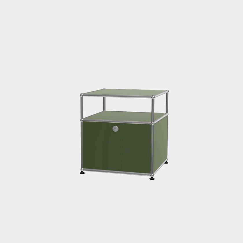 Green storage unit with metal frame on a white background