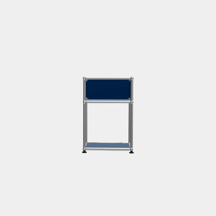 Metal display stand with blue panels on a white background