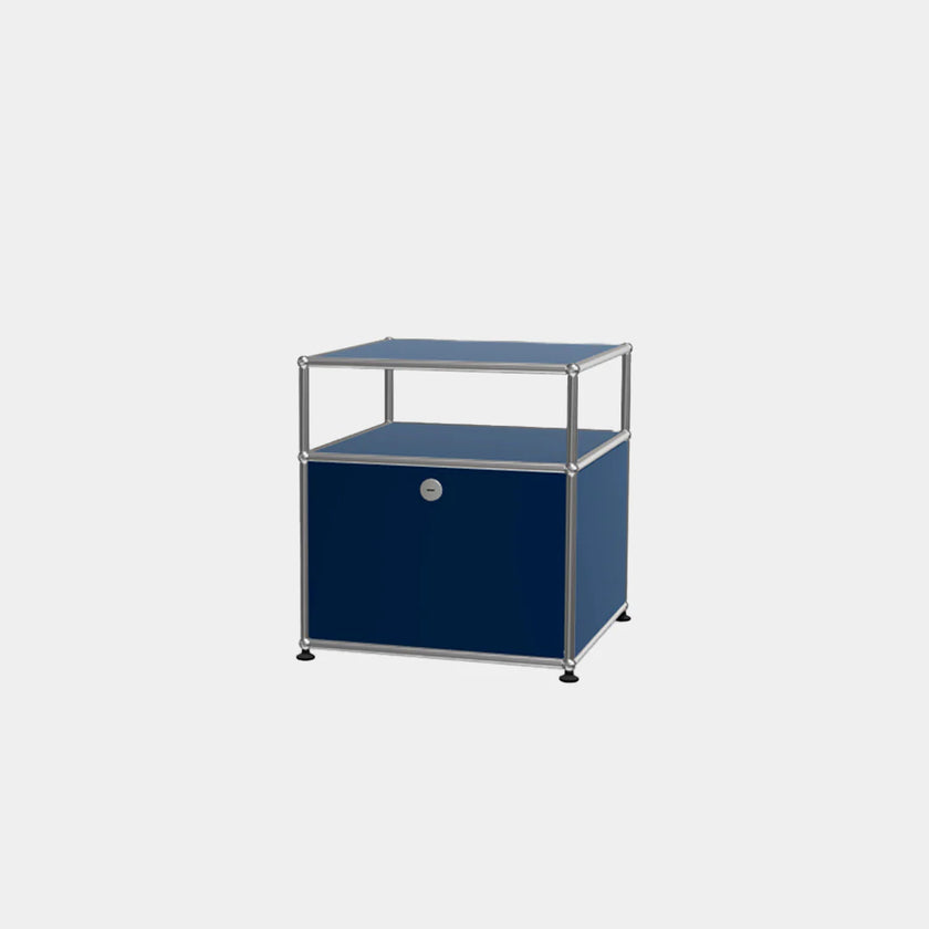 Blue storage unit with metal frame on a white background