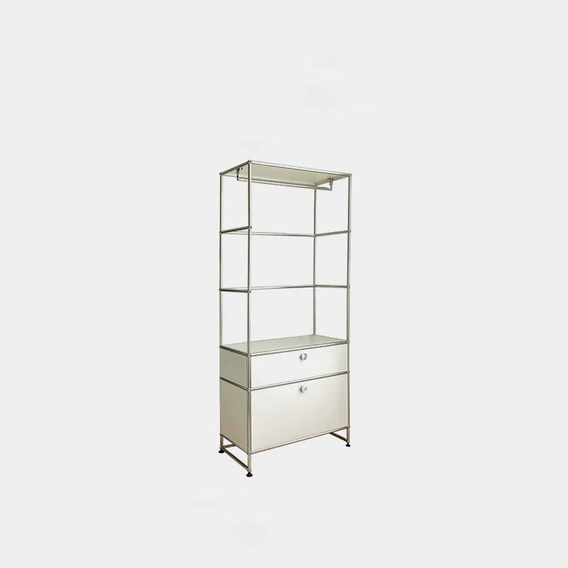 Tall glass display cabinet with metal frame on a white background