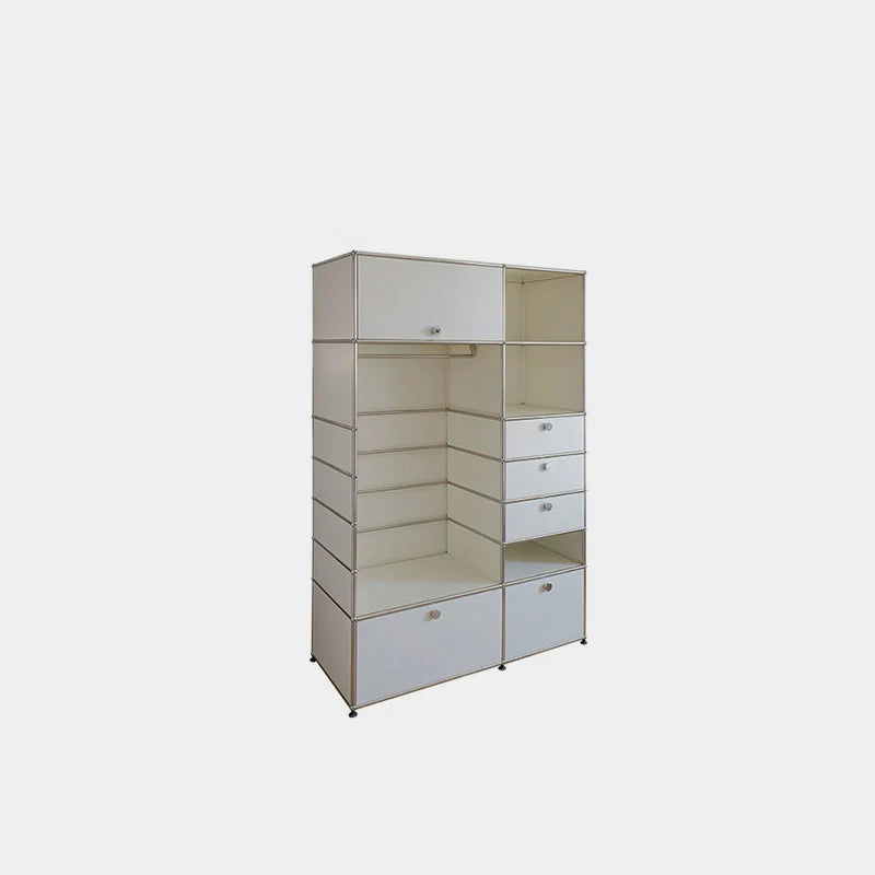 Modular storage unit with white and beige compartments on a light gray background
