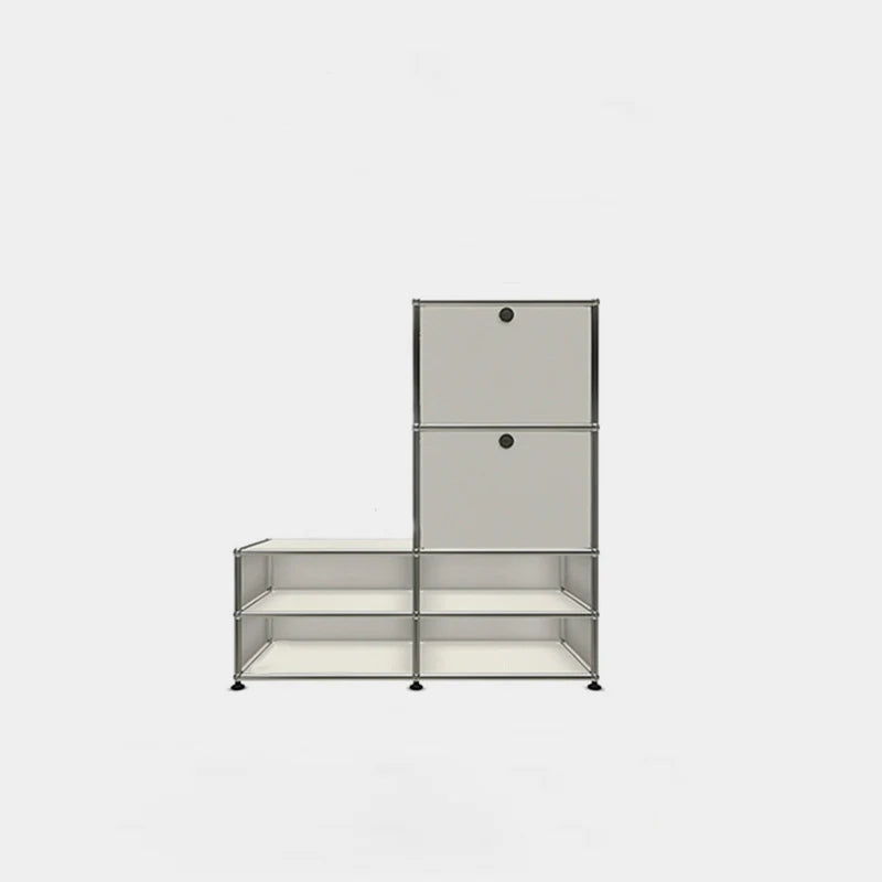 Modular shelving unit with multiple compartments on a white background