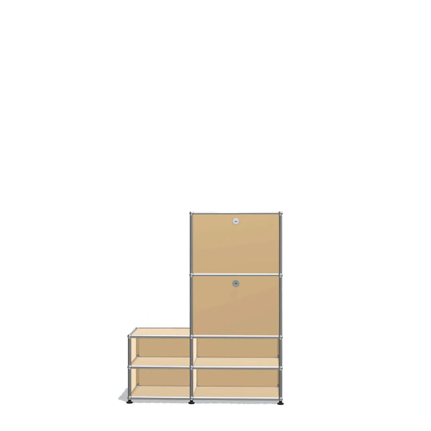 Modular storage system with beige shelves and metal frame on a white background