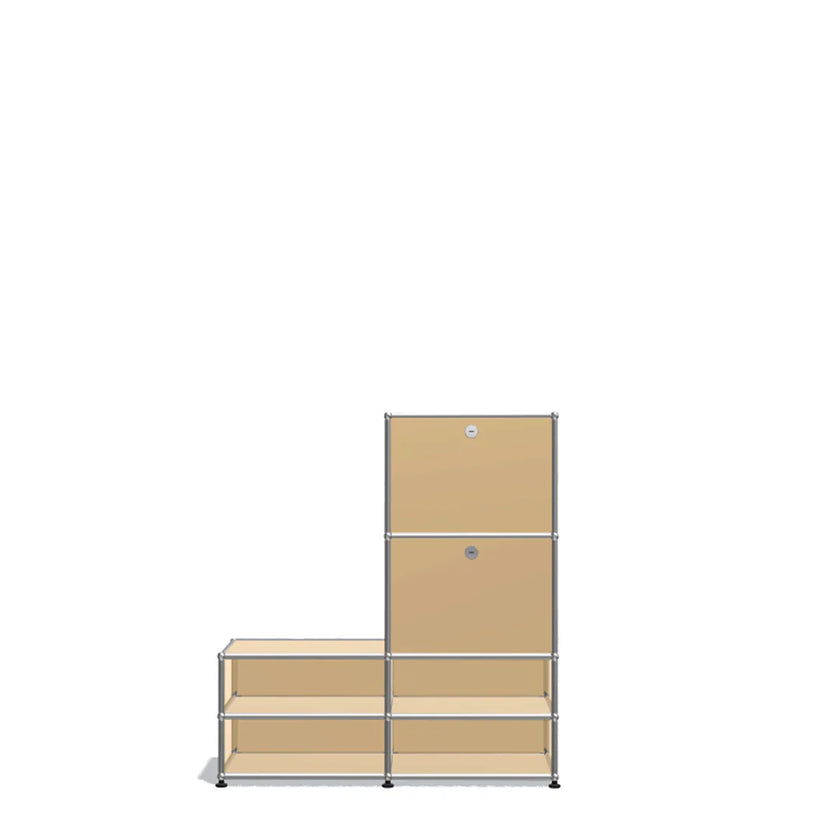 Beige storage unit with metal frame on a white background