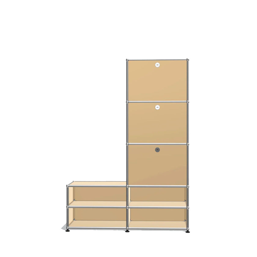 Modular shelving unit with beige shelves and metal frame on a white background
