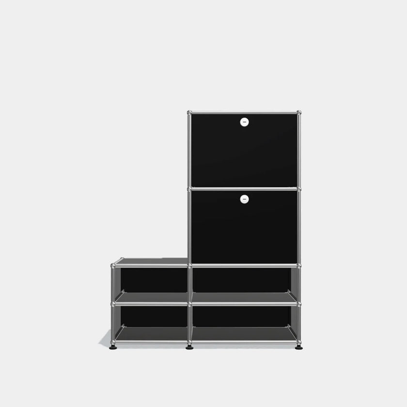 Black storage unit with multiple compartments on a white background
