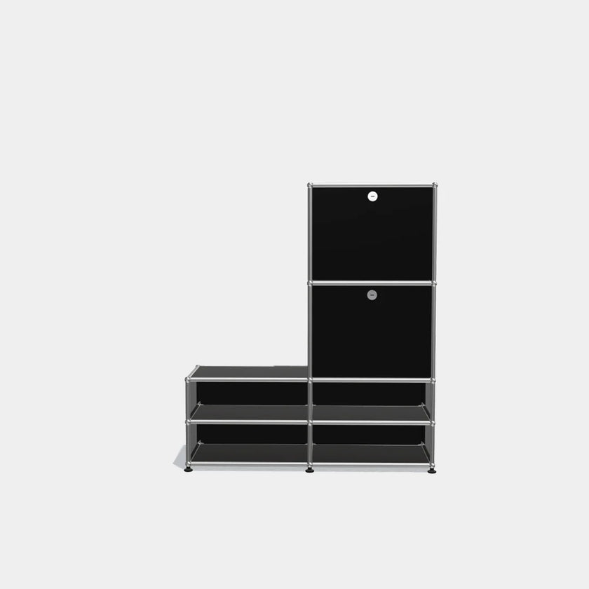 Black shelving unit with glass doors on a white background
