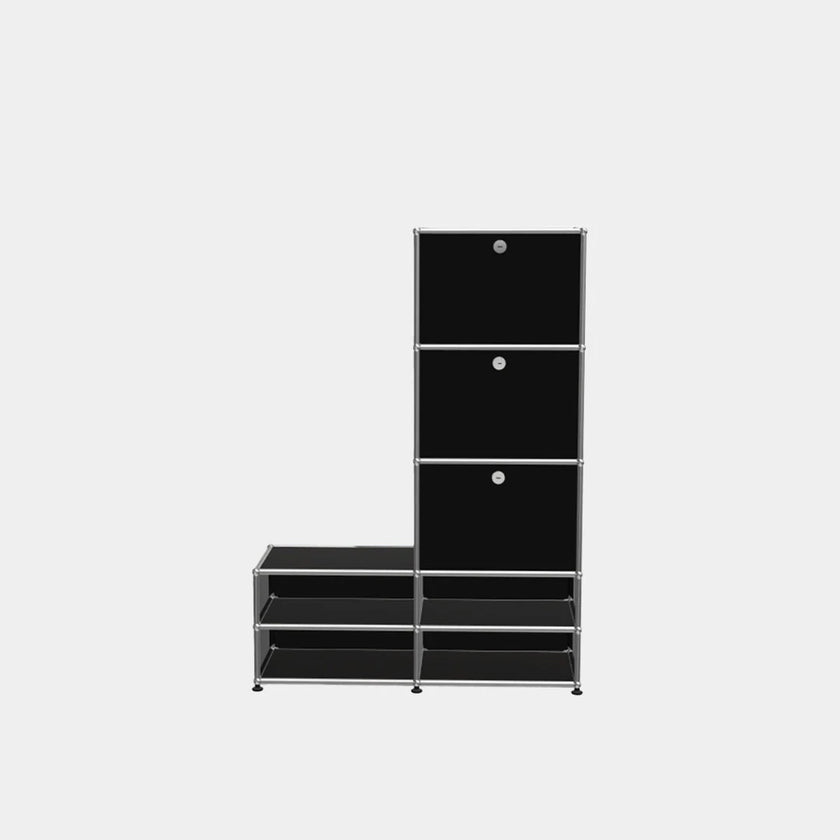 Black shelving unit with multiple shelves on a white background