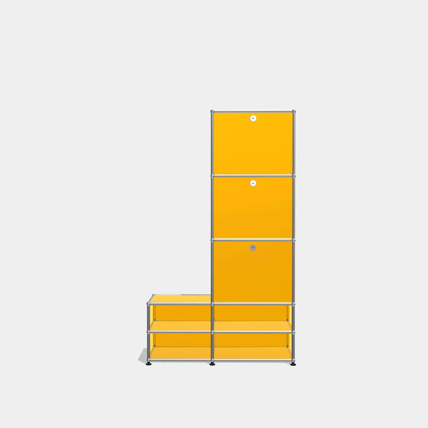 Yellow storage unit with metal frame on a white background