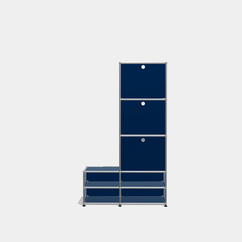 Blue modular shelving unit on a white background