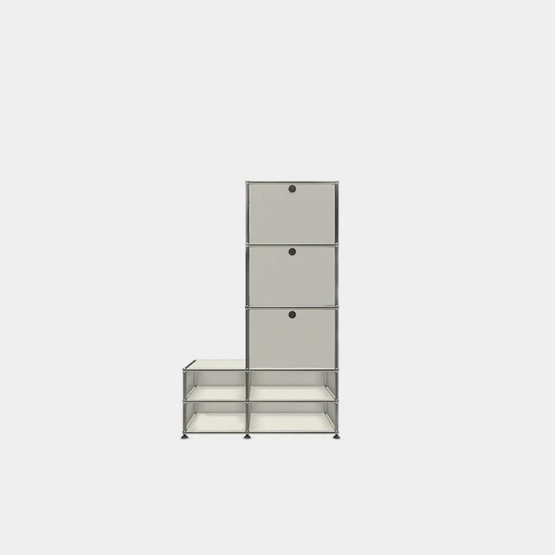 Modular shelving unit with three shelves on a white background