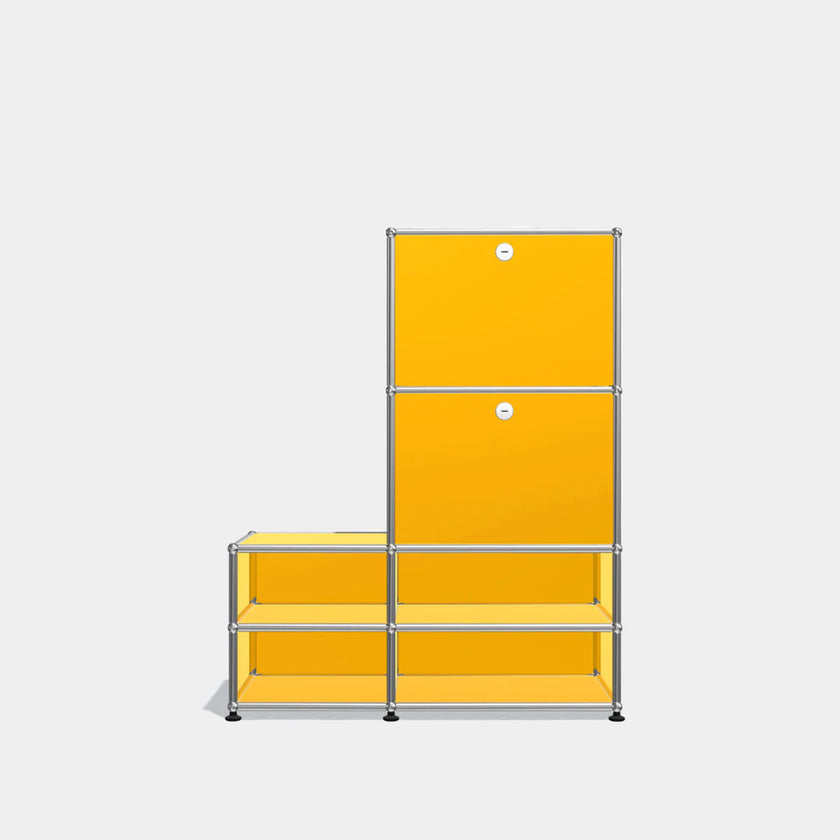 Yellow modular storage unit with metal frame on a white background