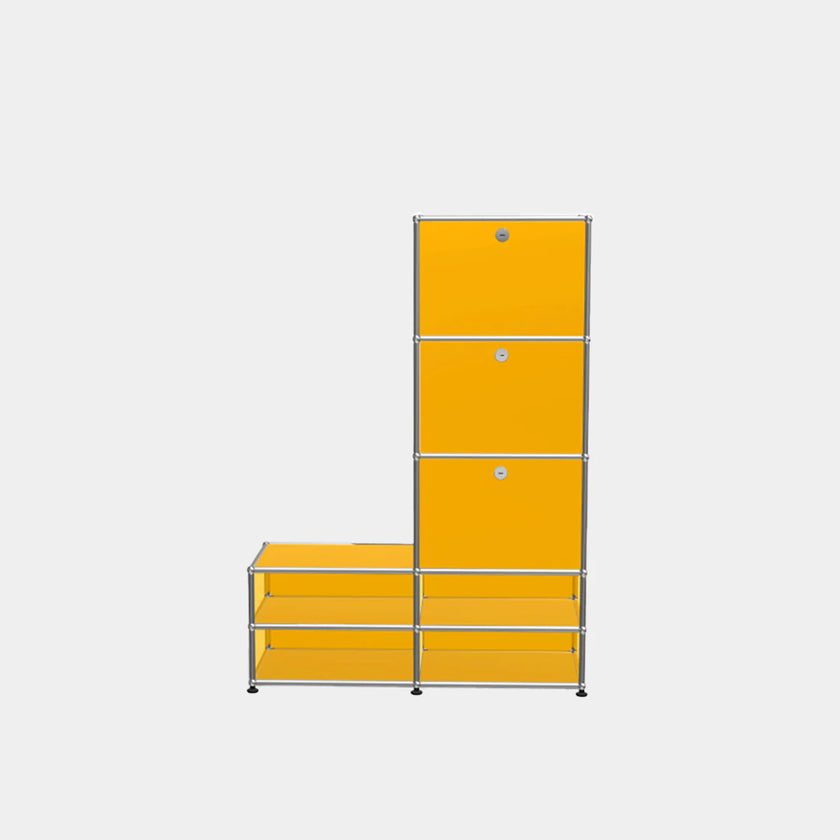 Yellow storage unit with metal frame on a white background