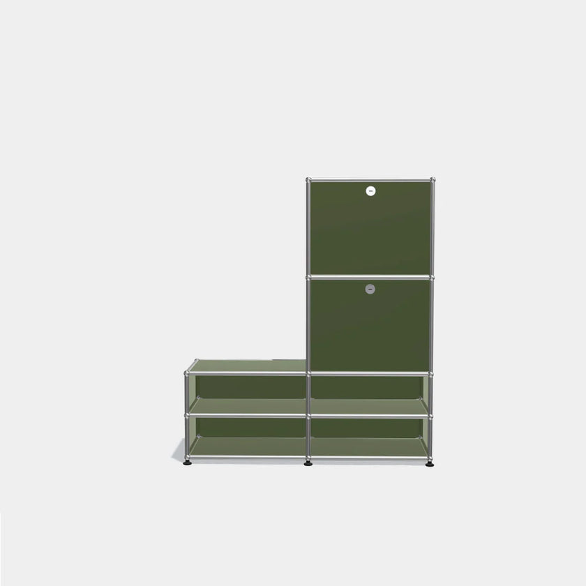 Green metal storage unit with shelves on a white background