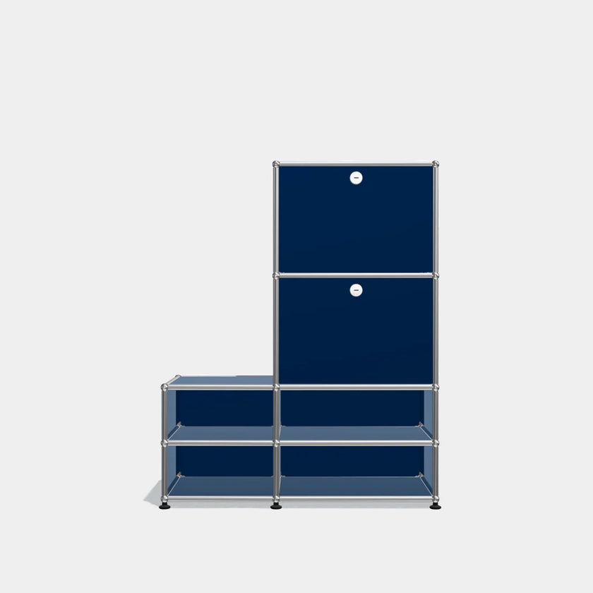Modular shelving unit with navy blue shelves on a light gray background