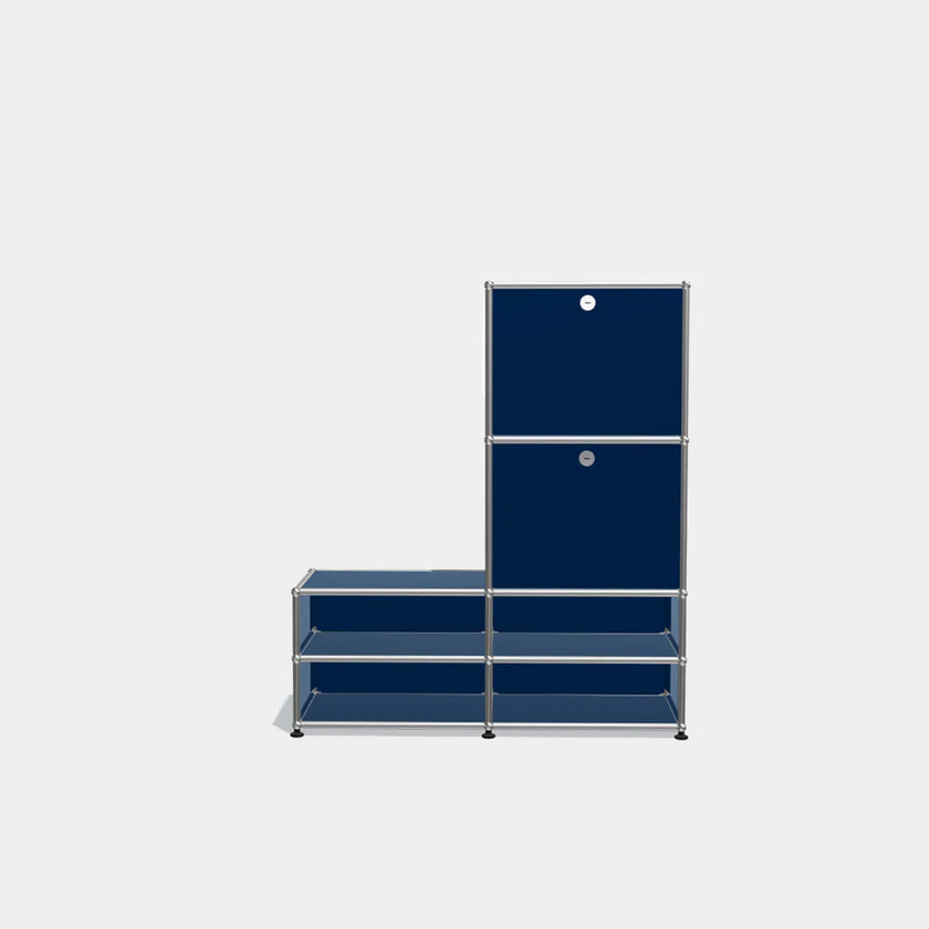 Blue storage unit with metal frame on a white background