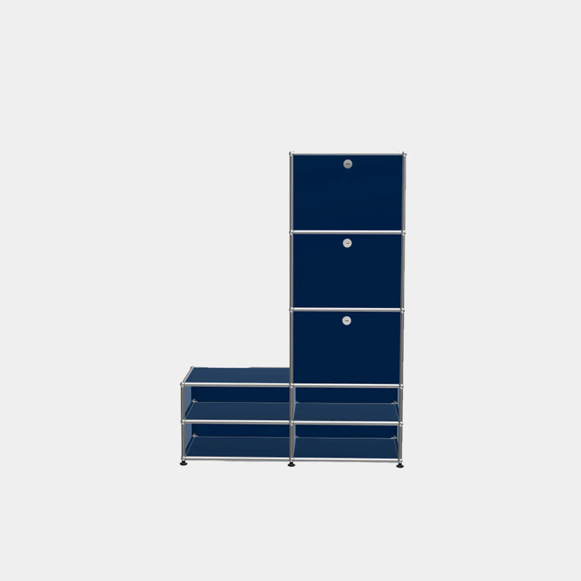 Navy blue storage unit with metal frame on a white background