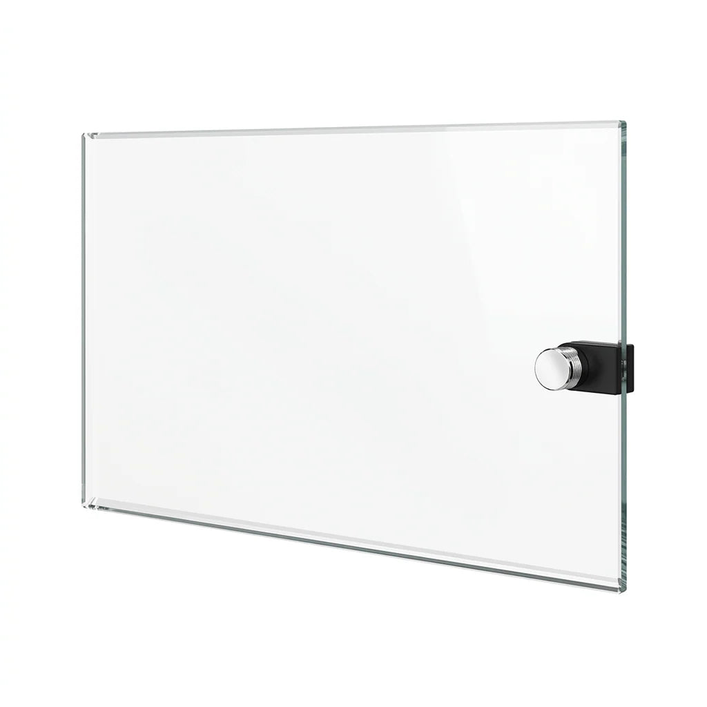 Rectangular glass panel with a metallic handle on a white background